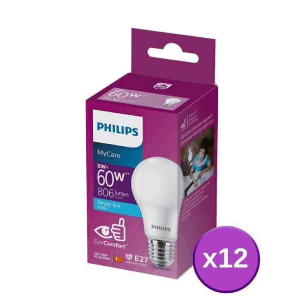 Philips Led 8-60w Ampul 6500k Beyaz Işık 12li- Led Ampül- Enerji Tasarruflu Ampül